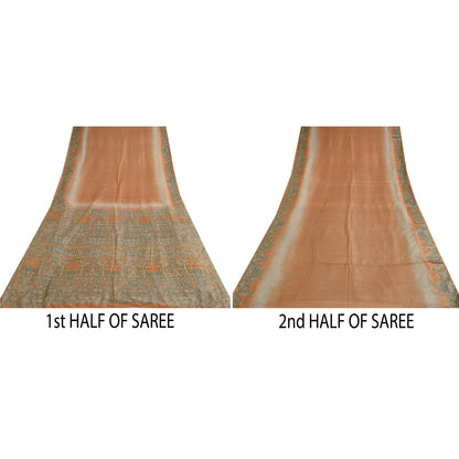 Sanskriti Vintage Sarees Indian Peach/Green Pure Silk Printed Sari Craft Sustainable Fabric