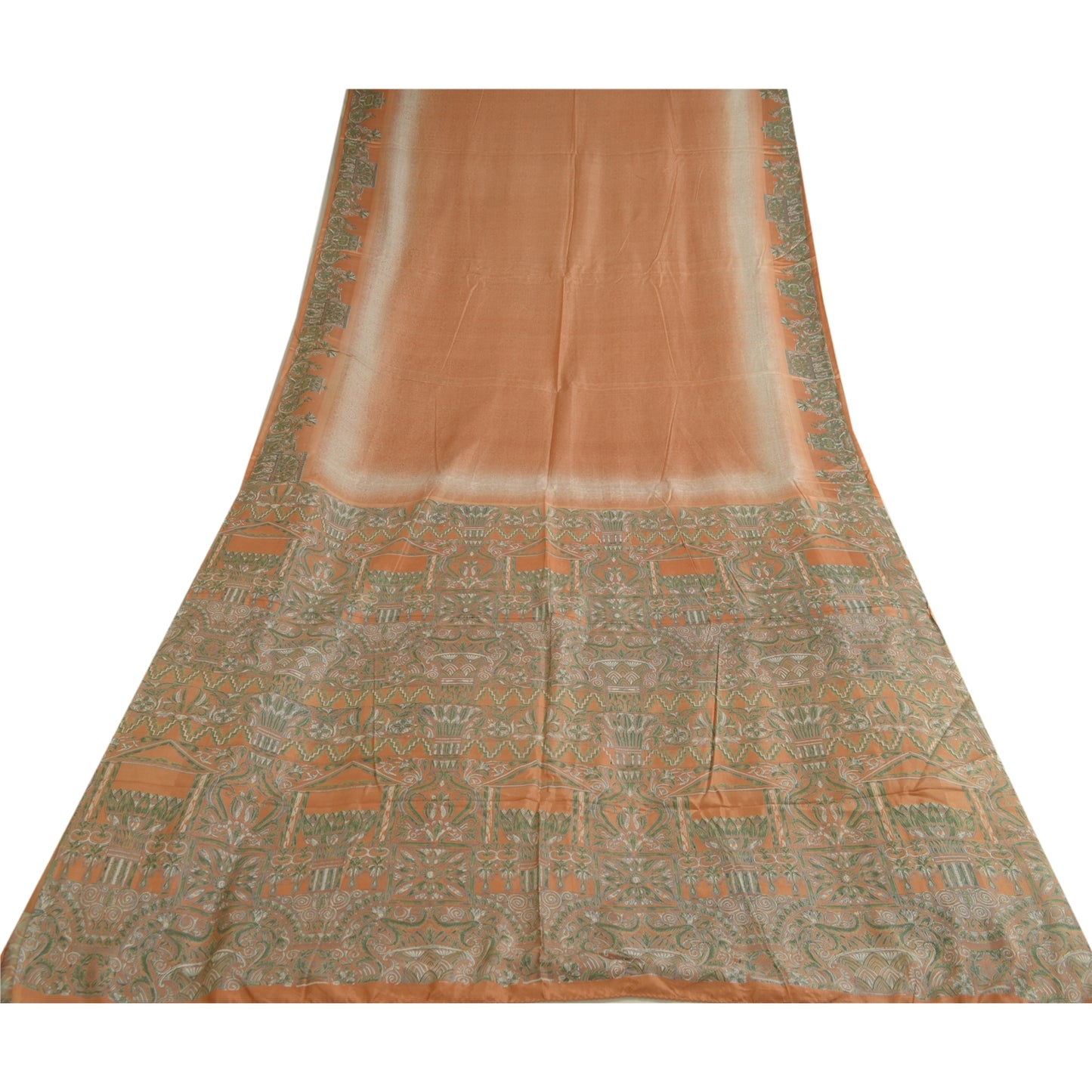 Sanskriti Vintage Sarees Indian Peach/Green Pure Silk Printed Sari Craft Sustainable Fabric