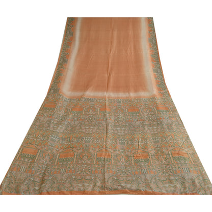 Sanskriti Vintage Sarees Indian Peach/Green Pure Silk Printed Sari Craft Sustainable Fabric