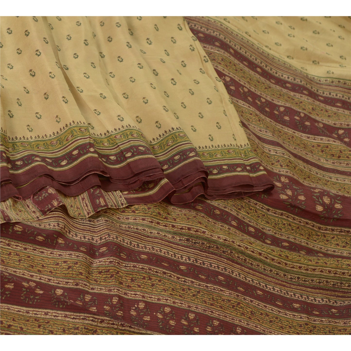 Sanskriti Vintage Sarees Cream/Dark Red Pure Silk Printed Sari Soft Craft Sustainable Fabric