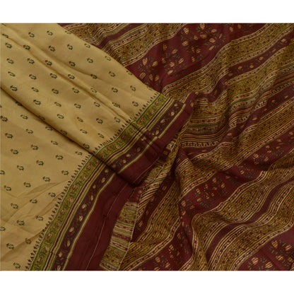 Sanskriti Vintage Sarees Cream/Dark Red Pure Silk Printed Sari Soft Craft Sustainable Fabric