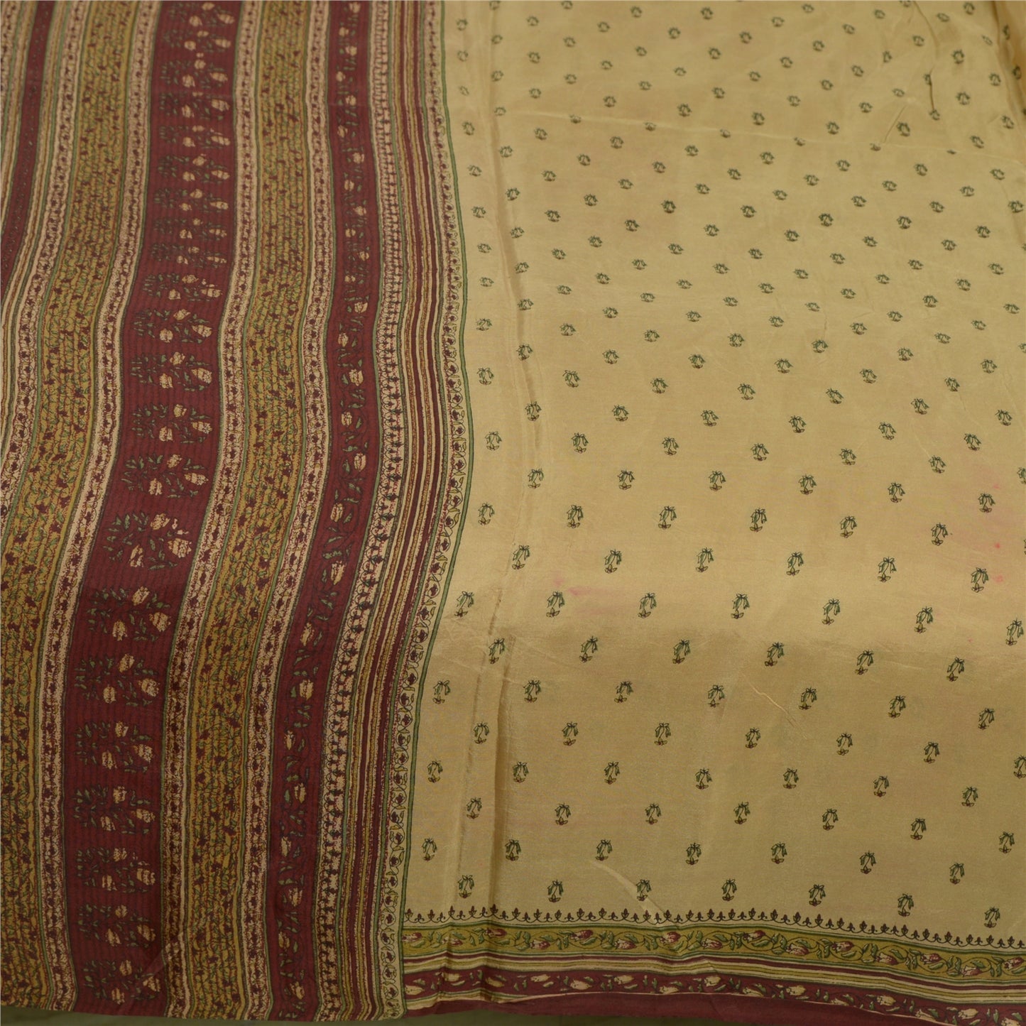 Sanskriti Vintage Sarees Cream/Dark Red Pure Silk Printed Sari Soft Craft Sustainable Fabric