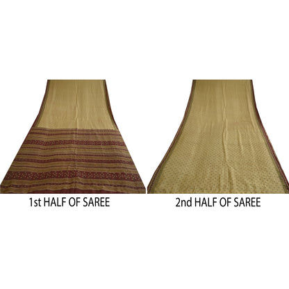 Sanskriti Vintage Sarees Cream/Dark Red Pure Silk Printed Sari Soft Craft Sustainable Fabric