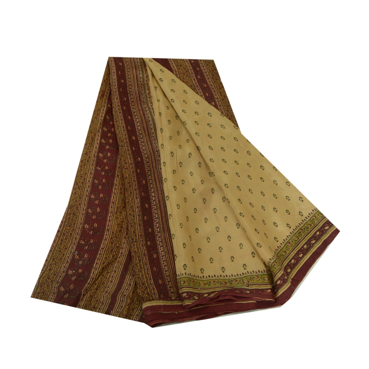 Sanskriti Vintage Sarees Cream/Dark Red Pure Silk Printed Sari Soft Craft Sustainable Fabric