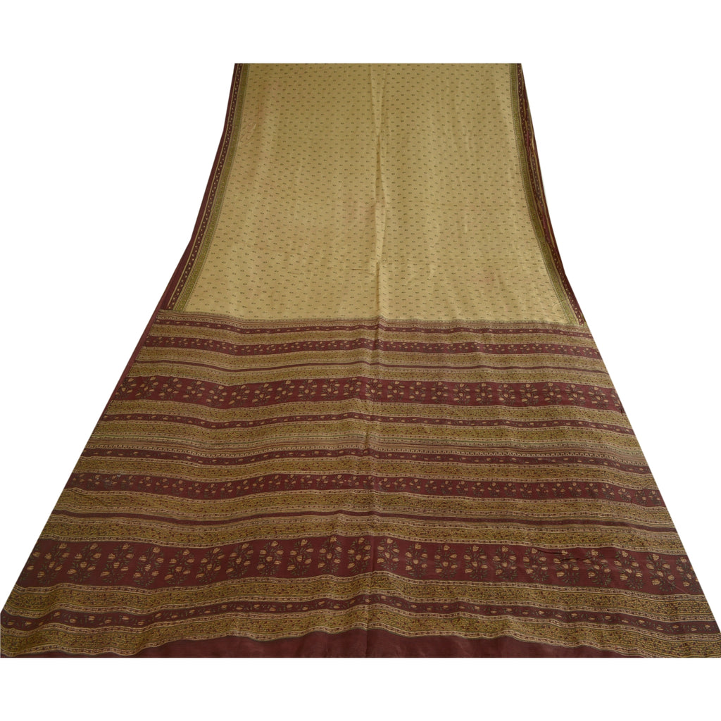 Sanskriti Vintage Sarees Cream/Dark Red Pure Silk Printed Sari Soft Craft Sustainable Fabric