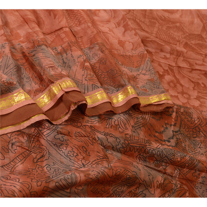 Sanskriti Vintage Sarees Orange Zari Border Printed Pure Silk Sari Craft Sustainable Fabric