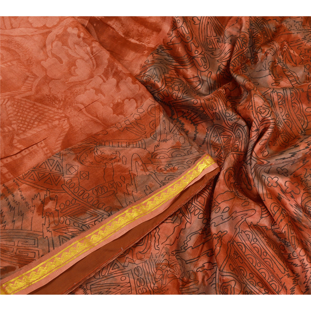 Sanskriti Vintage Sarees Orange Zari Border Printed Pure Silk Sari Craft Sustainable Fabric