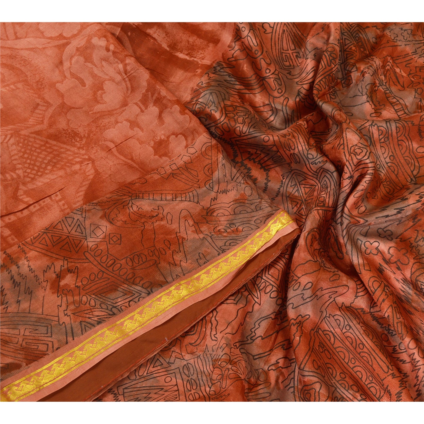 Sanskriti Vintage Sarees Orange Zari Border Printed Pure Silk Sari Craft Sustainable Fabric