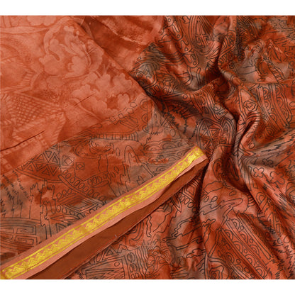 Sanskriti Vintage Sarees Orange Zari Border Printed Pure Silk Sari Craft Sustainable Fabric
