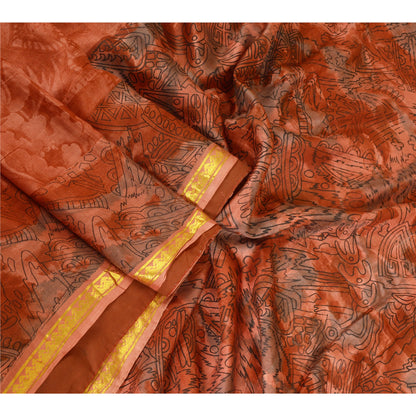 Sanskriti Vintage Sarees Orange Zari Border Printed Pure Silk Sari Craft Sustainable Fabric