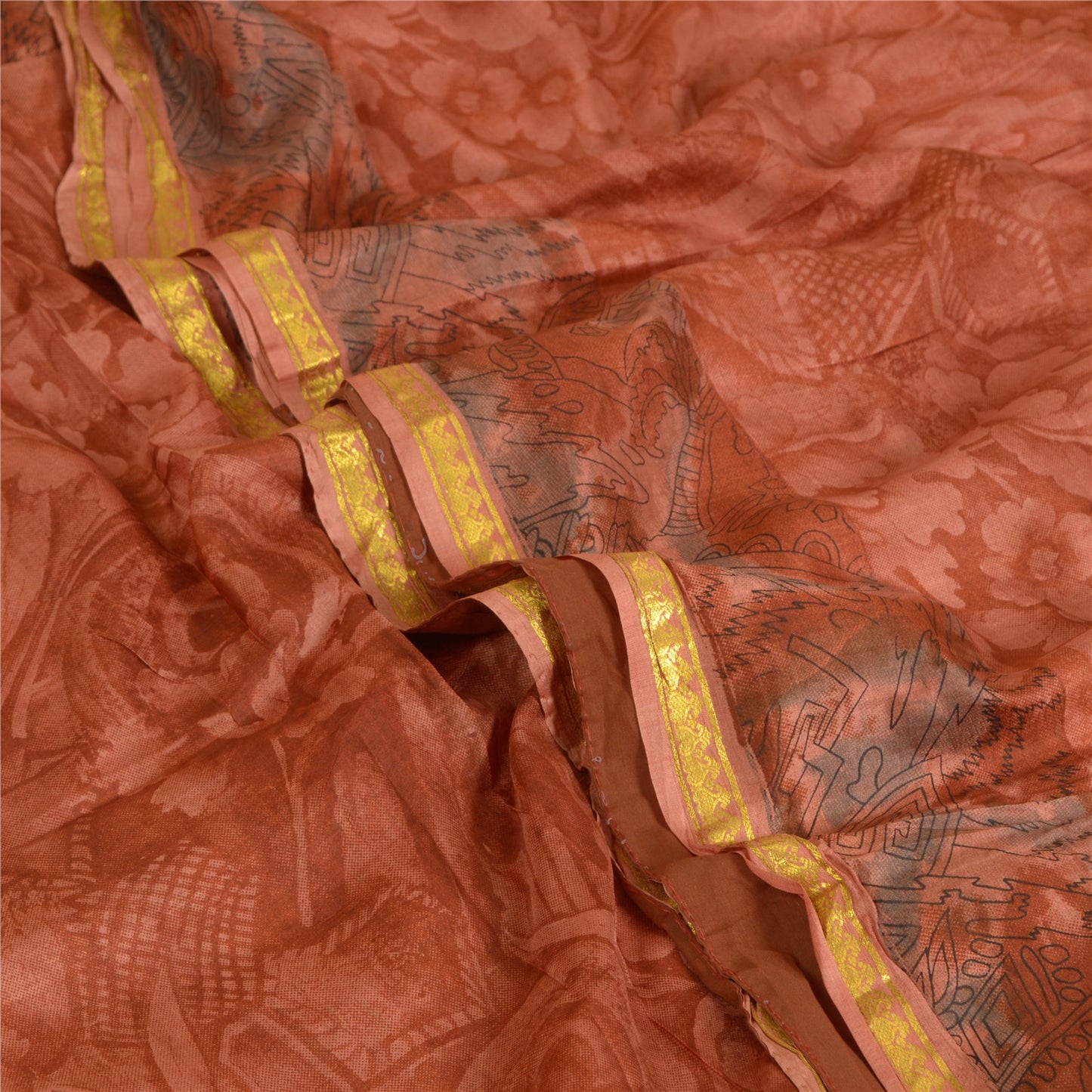 Sanskriti Vintage Sarees Orange Zari Border Printed Pure Silk Sari Craft Sustainable Fabric