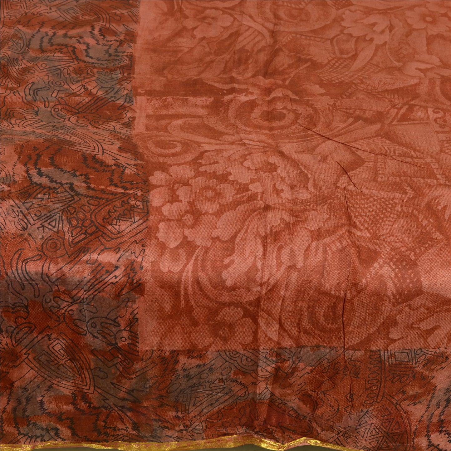 Sanskriti Vintage Sarees Orange Zari Border Printed Pure Silk Sari Craft Sustainable Fabric