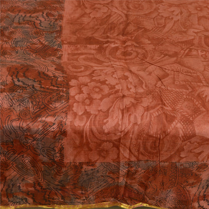 Sanskriti Vintage Sarees Orange Zari Border Printed Pure Silk Sari Craft Sustainable Fabric