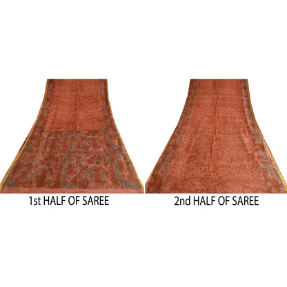 Sanskriti Vintage Sarees Orange Zari Border Printed Pure Silk Sari Craft Sustainable Fabric