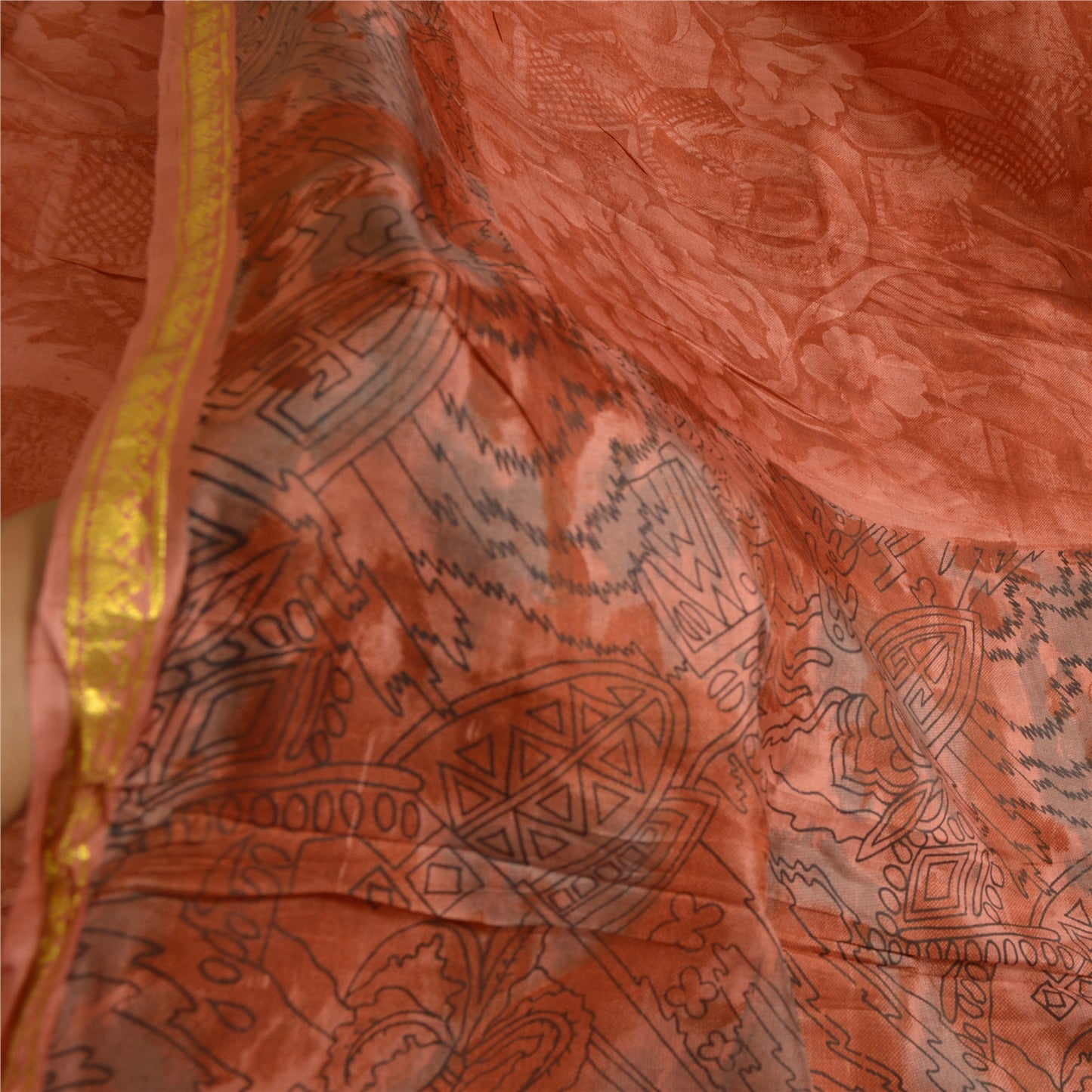 Sanskriti Vintage Sarees Orange Zari Border Printed Pure Silk Sari Craft Sustainable Fabric