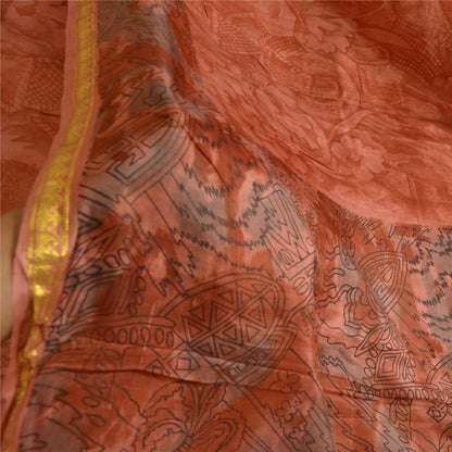 Sanskriti Vintage Sarees Orange Zari Border Printed Pure Silk Sari Craft Sustainable Fabric
