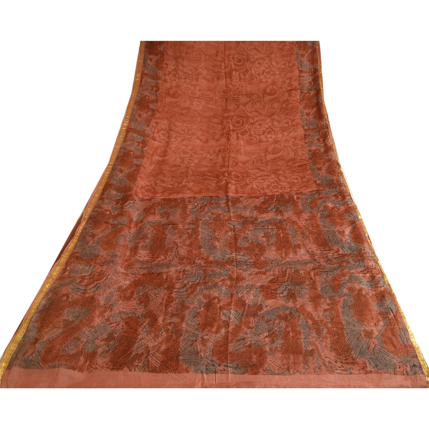 Sanskriti Vintage Sarees Orange Zari Border Printed Pure Silk Sari Craft Sustainable Fabric