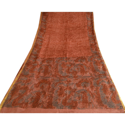 Sanskriti Vintage Sarees Orange Zari Border Printed Pure Silk Sari Craft Sustainable Fabric