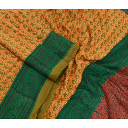 Санскритские винтажные сари индийское оранжево-зеленое сари из чистого шелка с принтом ремесло устойчивая ткань