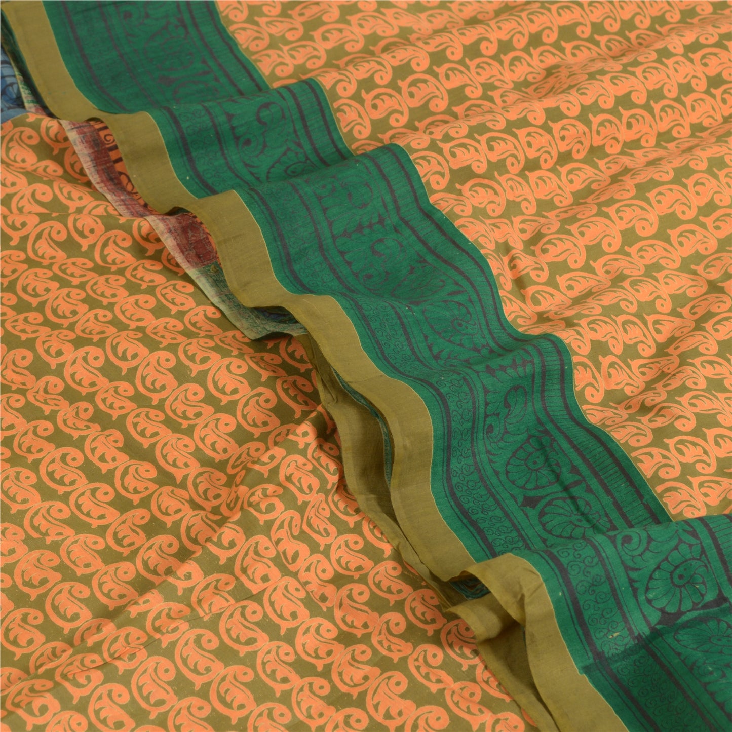 Санскритские винтажные сари индийское оранжево-зеленое сари из чистого шелка с принтом ремесло устойчивая ткань