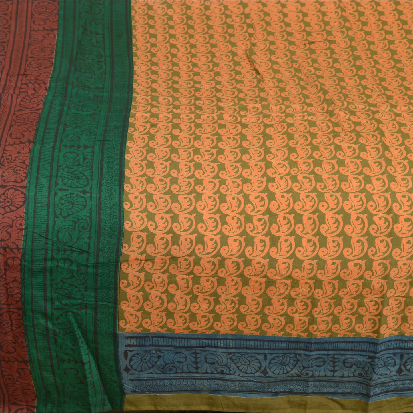 Санскритские винтажные сари индийское оранжево-зеленое сари из чистого шелка с принтом ремесло устойчивая ткань