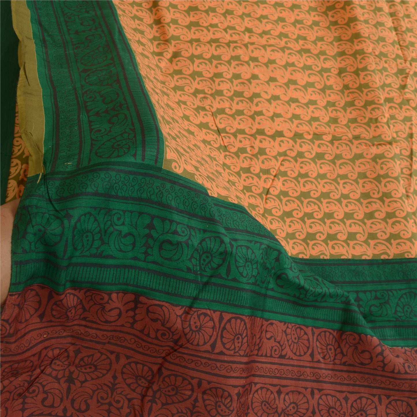 Санскритские винтажные сари индийское оранжево-зеленое сари из чистого шелка с принтом ремесло устойчивая ткань