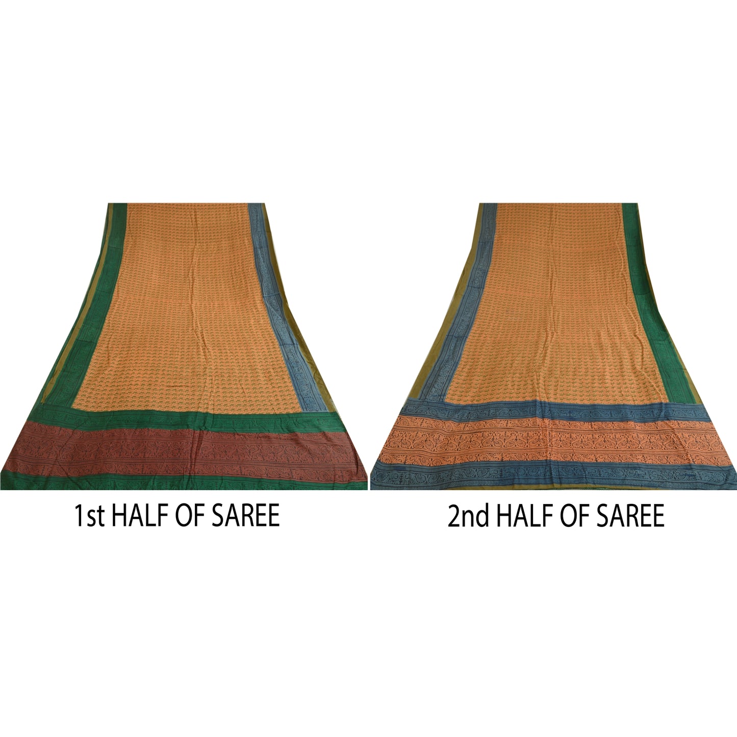 Санскритские винтажные сари индийское оранжево-зеленое сари из чистого шелка с принтом ремесло устойчивая ткань