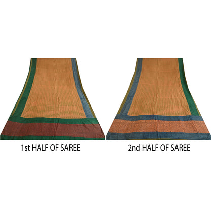 Санскритские винтажные сари индийское оранжево-зеленое сари из чистого шелка с принтом ремесло устойчивая ткань