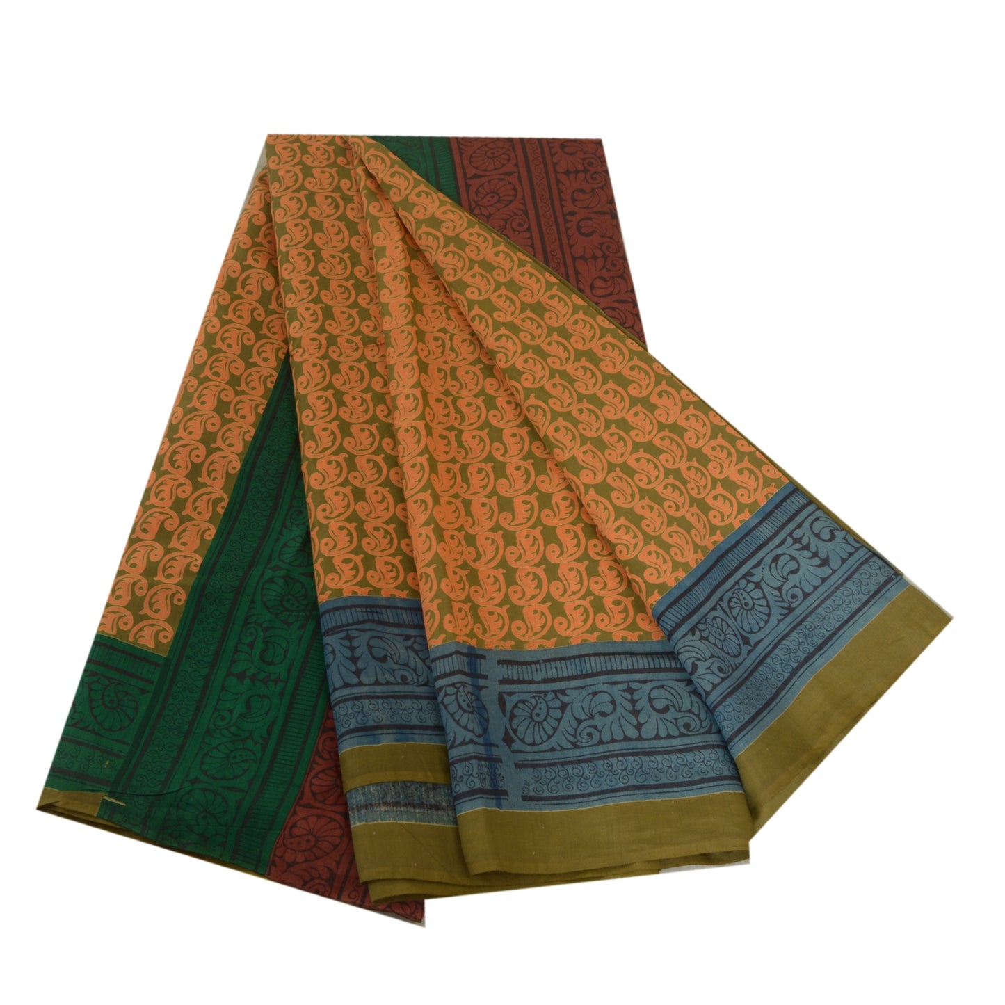 Санскритские винтажные сари индийское оранжево-зеленое сари из чистого шелка с принтом ремесло устойчивая ткань