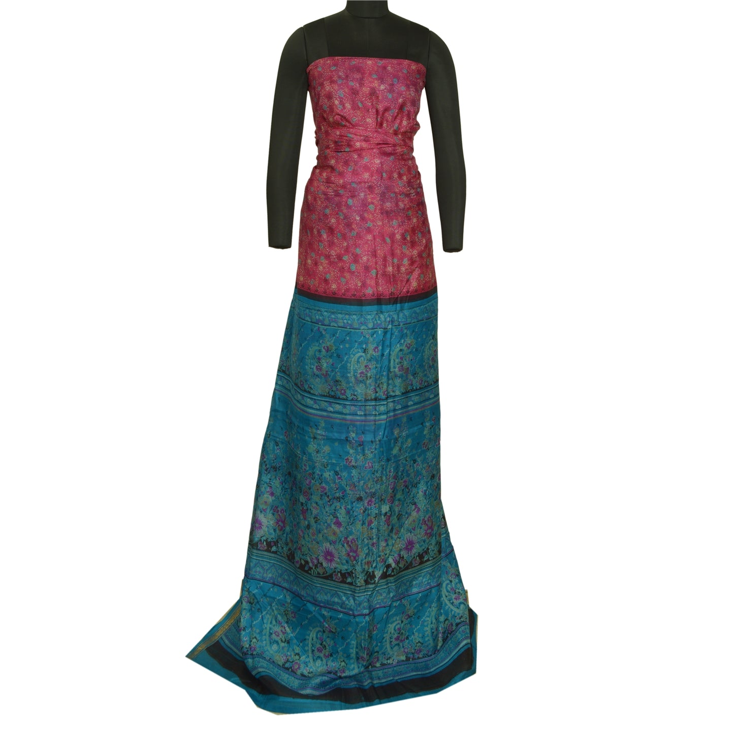 Sanskriti Vintage Sarees Pink/Blue Zari Boder Print Pure Silk Sari Craft Sustainable Fabric