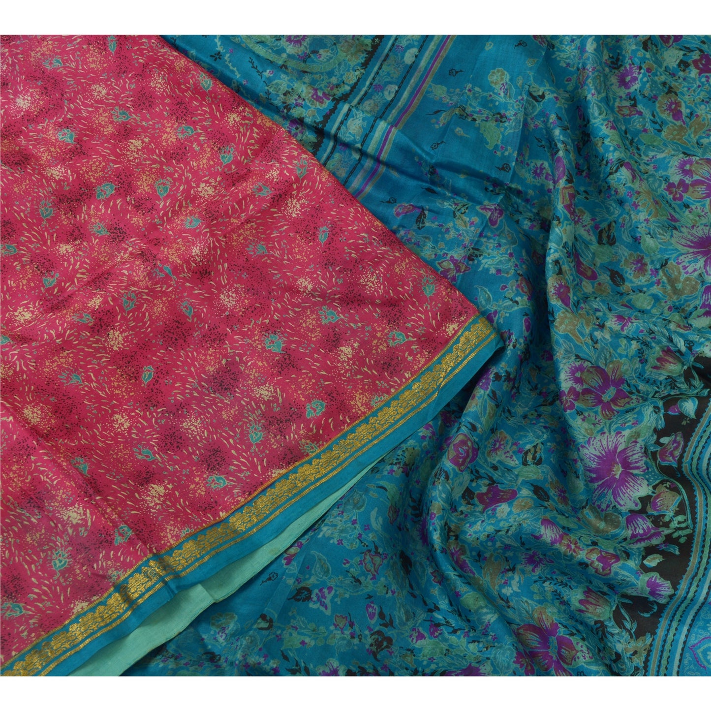 Sanskriti Vintage Sarees Pink/Blue Zari Boder Print Pure Silk Sari Craft Sustainable Fabric