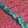 Sanskriti Vintage Sarees Pink/Blue Zari Boder Print Pure Silk Sari Craft Sustainable Fabric