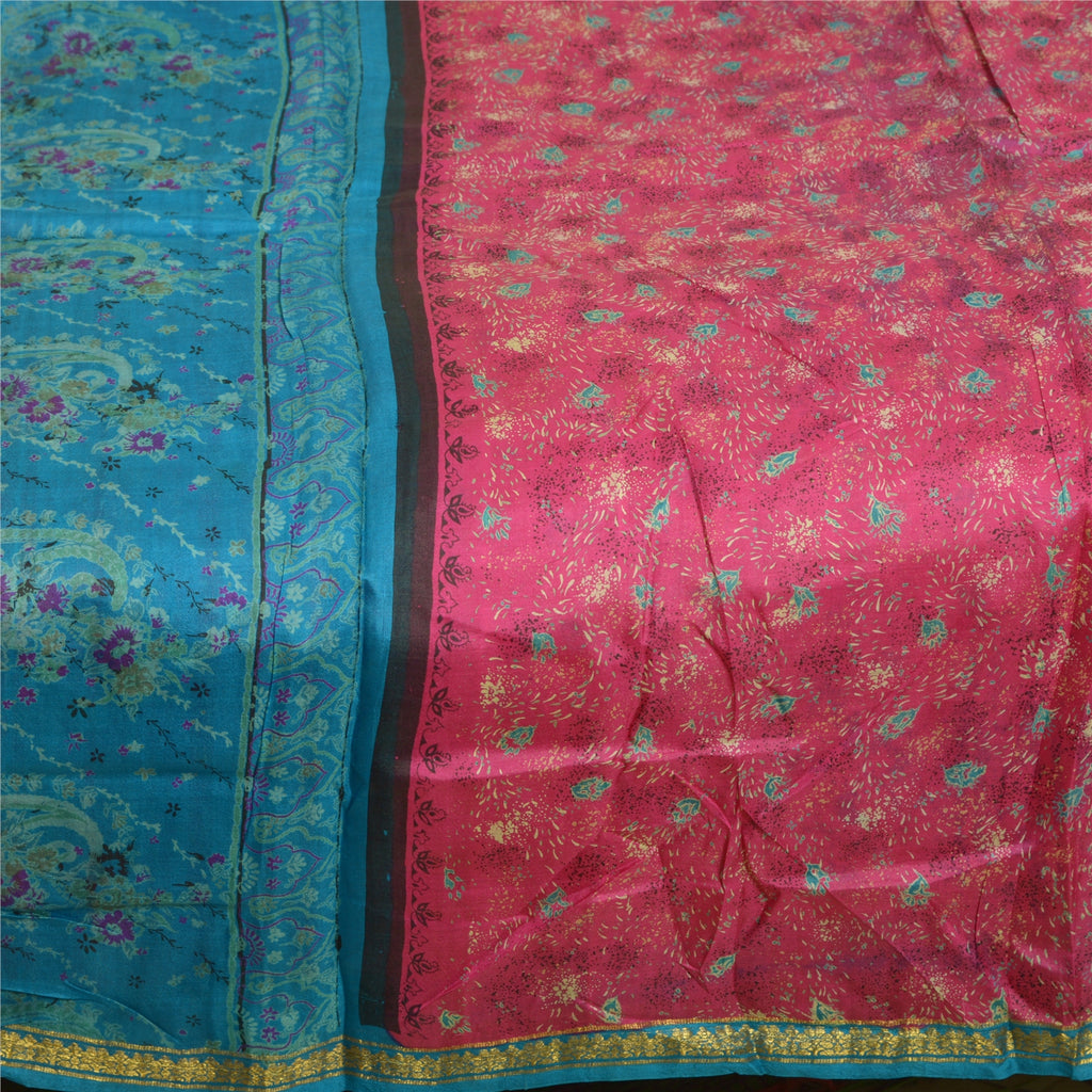 Sanskriti Vintage Sarees Pink/Blue Zari Boder Print Pure Silk Sari Craft Sustainable Fabric