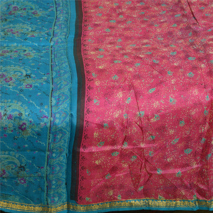 Sanskriti Vintage Sarees Pink/Blue Zari Boder Print Pure Silk Sari Craft Sustainable Fabric