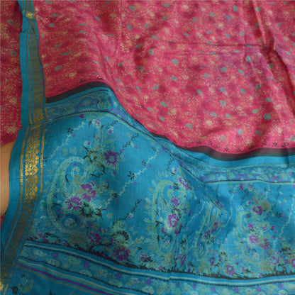 Sanskriti Vintage Sarees Pink/Blue Zari Boder Print Pure Silk Sari Craft Sustainable Fabric