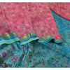 Sanskriti Vintage Sarees Pink/Blue Zari Boder Print Pure Silk Sari Craft Sustainable Fabric