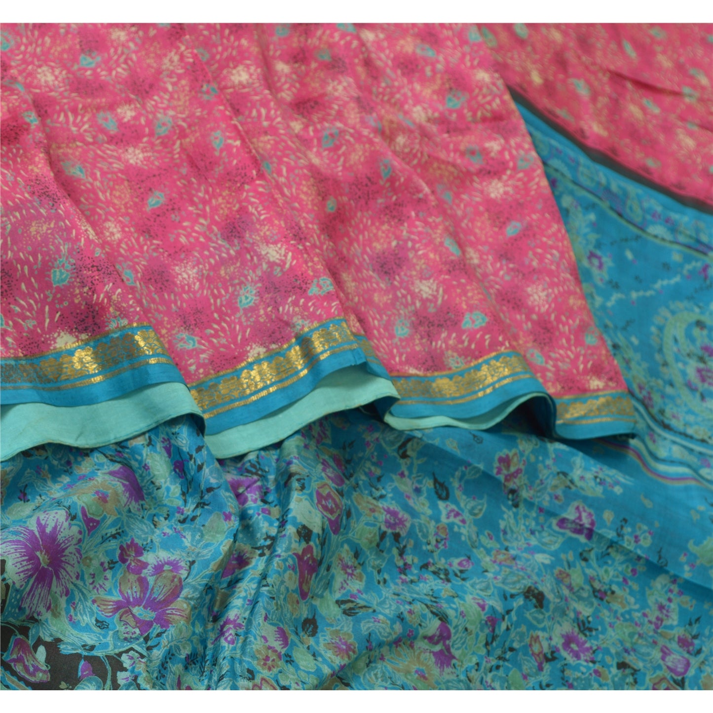 Sanskriti Vintage Sarees Pink/Blue Zari Boder Print Pure Silk Sari Craft Sustainable Fabric