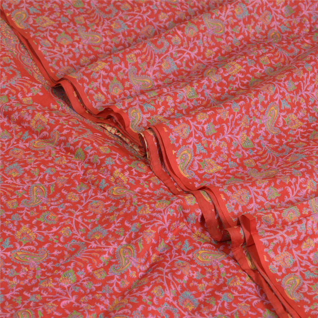 Sanskriti Vintage Sarees Red Quilting Felting Craft Fabric Pure Silk Print Sari
