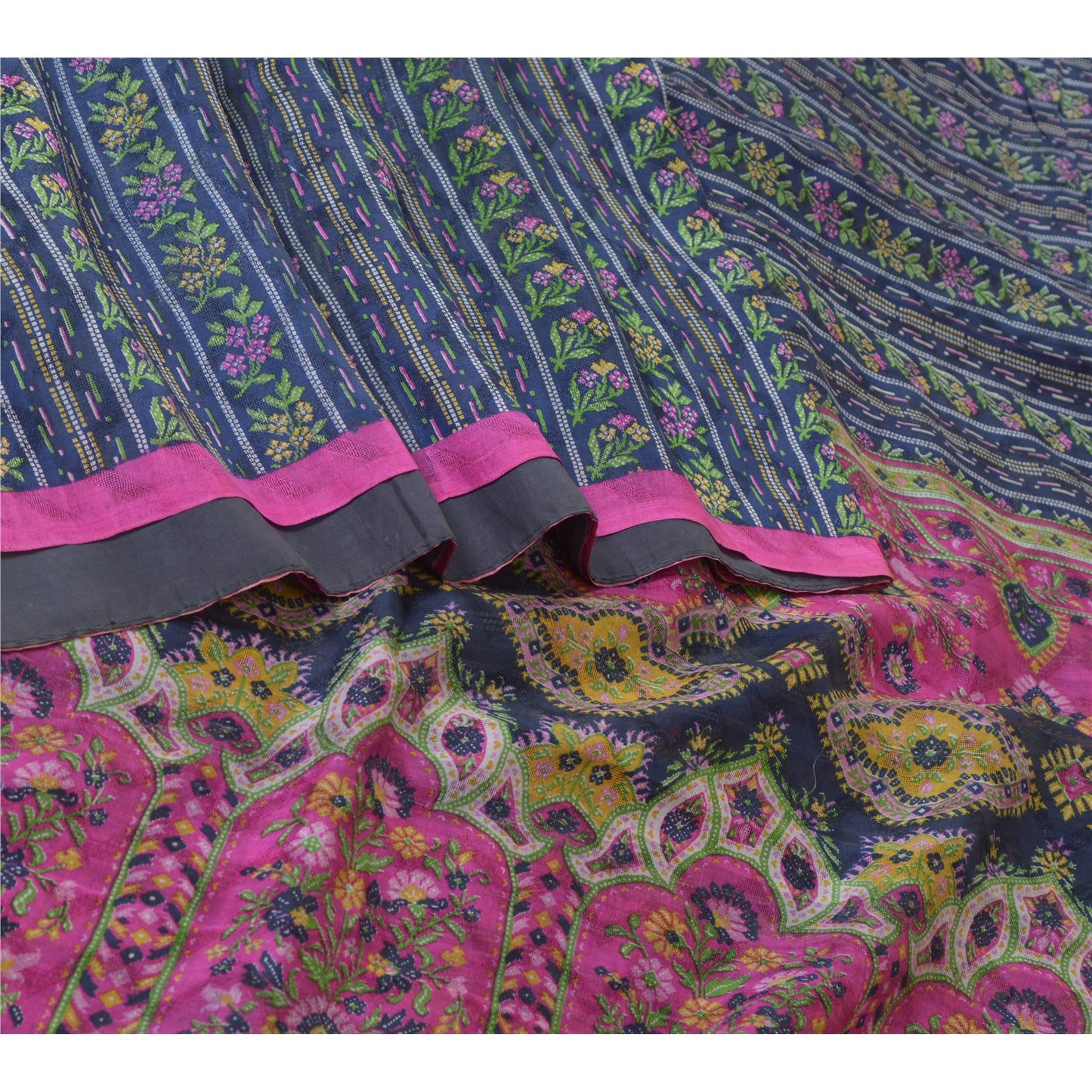 Sanskriti Vintage Sarees Blue/Pink Pure Silk Printed Sari Soft 5yd Craft Sustainable Fabric