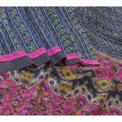 Sanskriti Vintage Sarees Blue/Pink Pure Silk Printed Sari Soft 5yd Craft Sustainable Fabric
