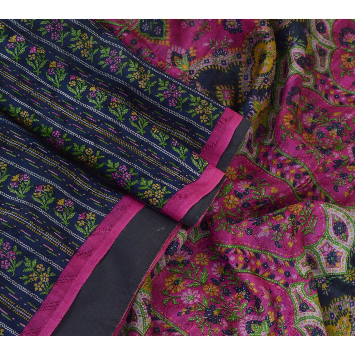 Sanskriti Vintage Sarees Blue/Pink Pure Silk Printed Sari Soft 5yd Craft Sustainable Fabric