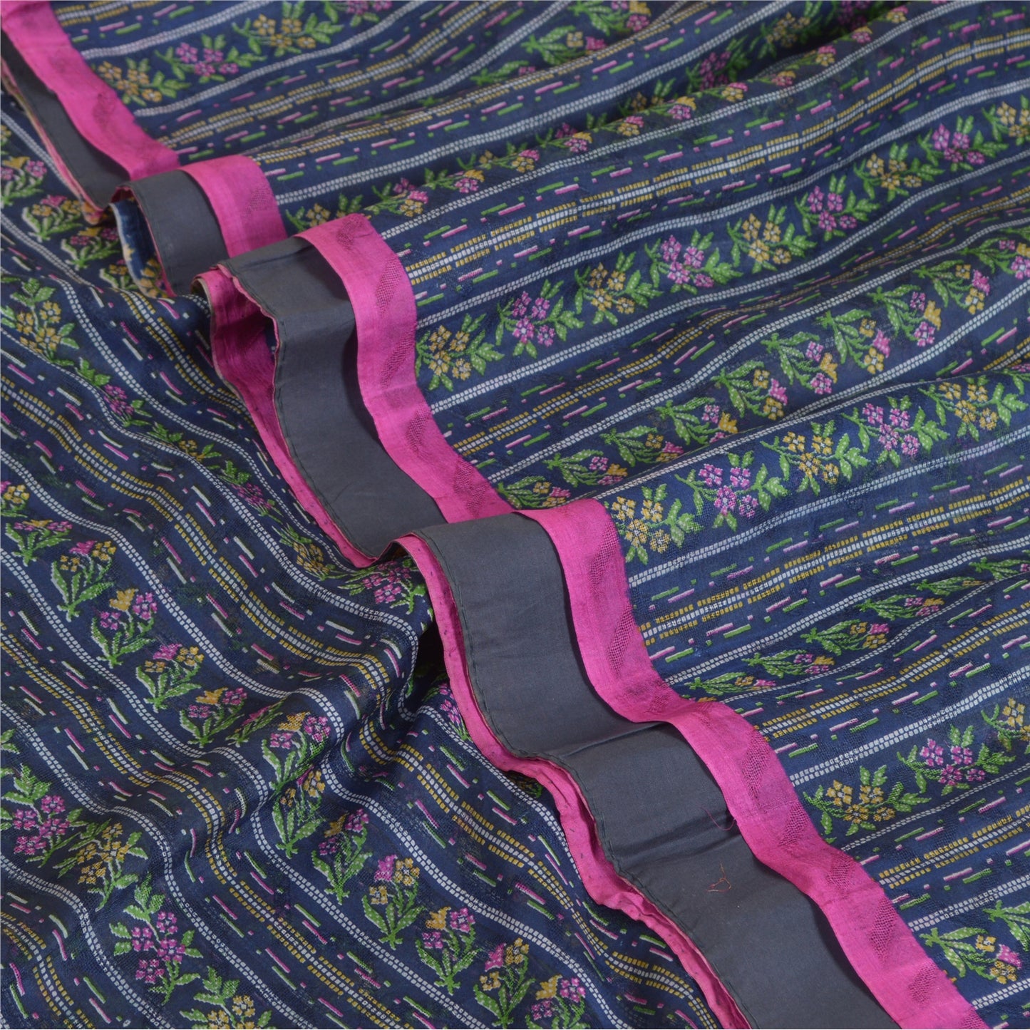 Sanskriti Vintage Sarees Blue/Pink Pure Silk Printed Sari Soft 5yd Craft Sustainable Fabric