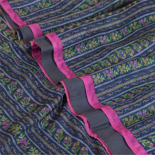Sanskriti Vintage Sarees Blue/Pink Pure Silk Printed Sari Soft 5yd Craft Sustainable Fabric