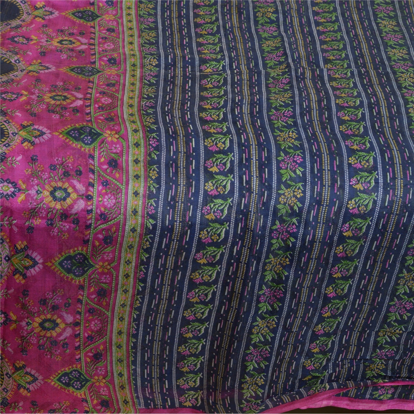 Sanskriti Vintage Sarees Blue/Pink Pure Silk Printed Sari Soft 5yd Craft Sustainable Fabric