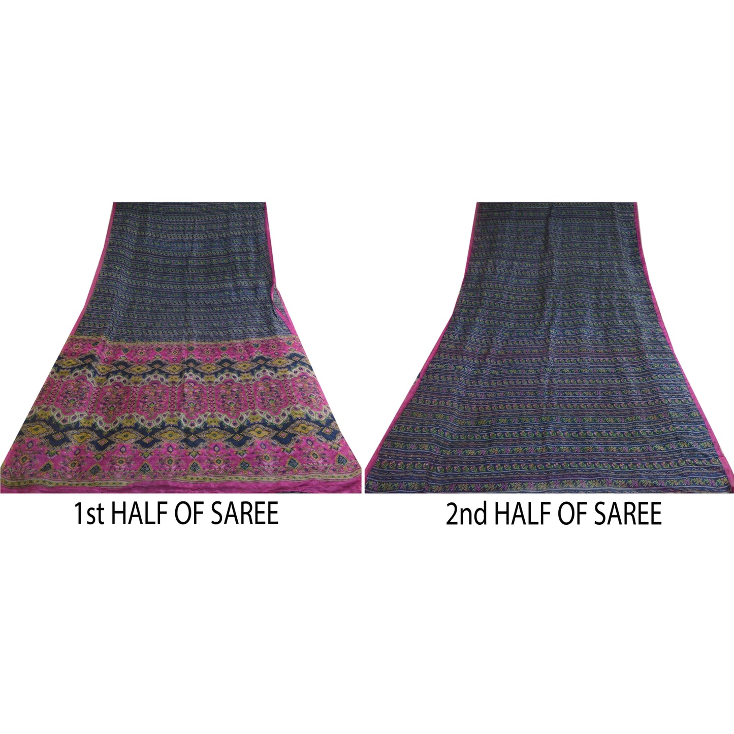 Sanskriti Vintage Sarees Blue/Pink Pure Silk Printed Sari Soft 5yd Craft Sustainable Fabric