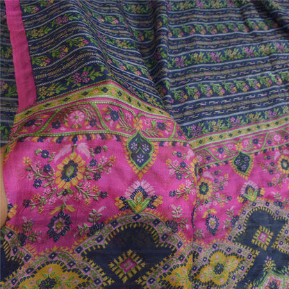 Sanskriti Vintage Sarees Blue/Pink Pure Silk Printed Sari Soft 5yd Craft Sustainable Fabric