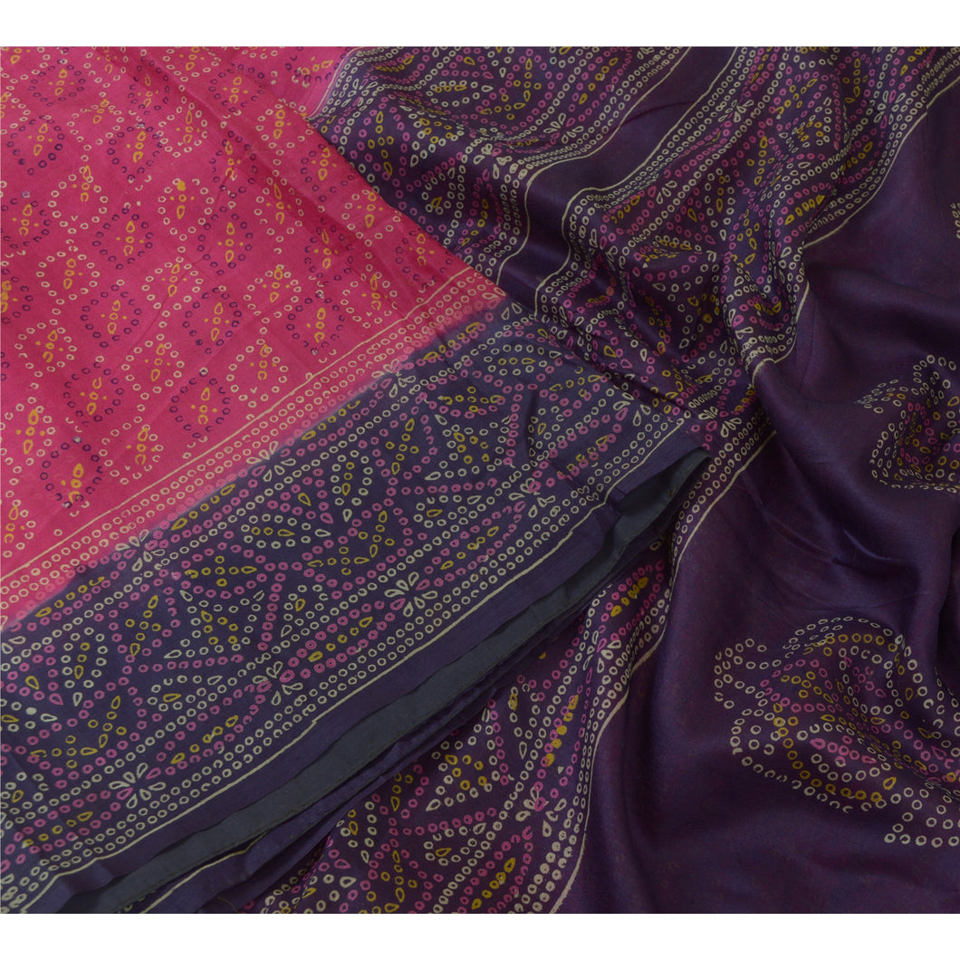 Sanskriti Vintage Sarees Pink/Purple Bandhani Printed Pure Silk Sari 5yd Fabric