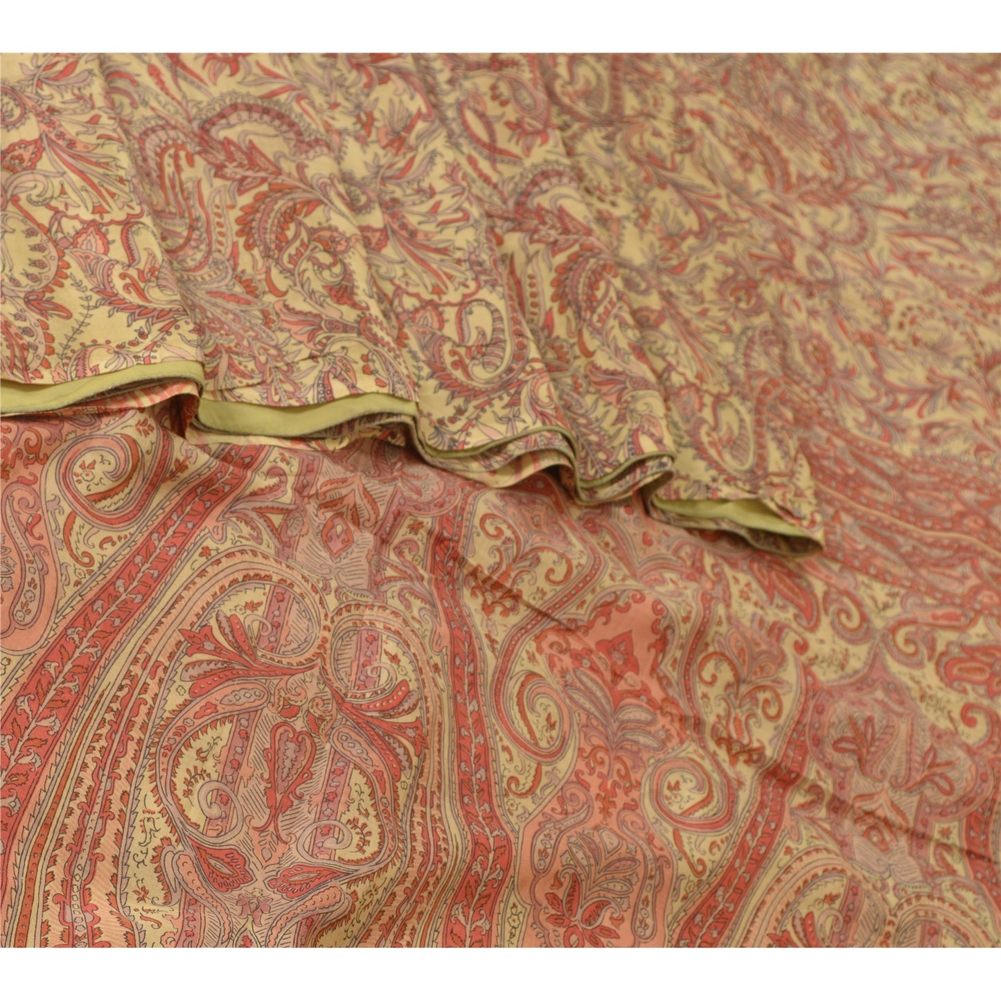 Sanskriti Vintage Sarees Red/Beige Pure Silk Printed Sari 5yd Soft Craft Sustainable Fabric
