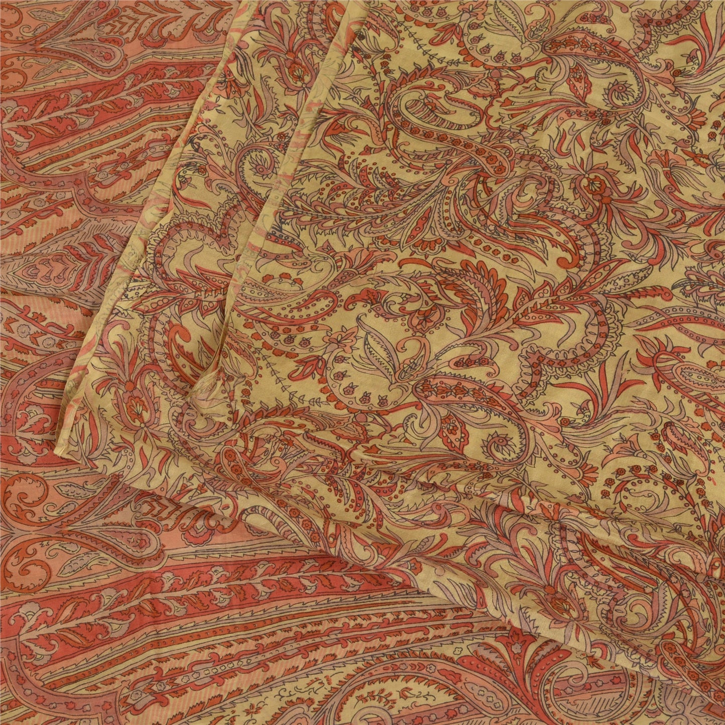 Sanskriti Vintage Sarees Red/Beige Pure Silk Printed Sari 5yd Soft Craft Sustainable Fabric