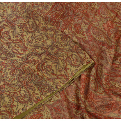 Sanskriti Vintage Sarees Red/Beige Pure Silk Printed Sari 5yd Soft Craft Sustainable Fabric